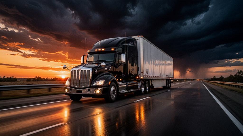 Semi truck on a highway at sunset